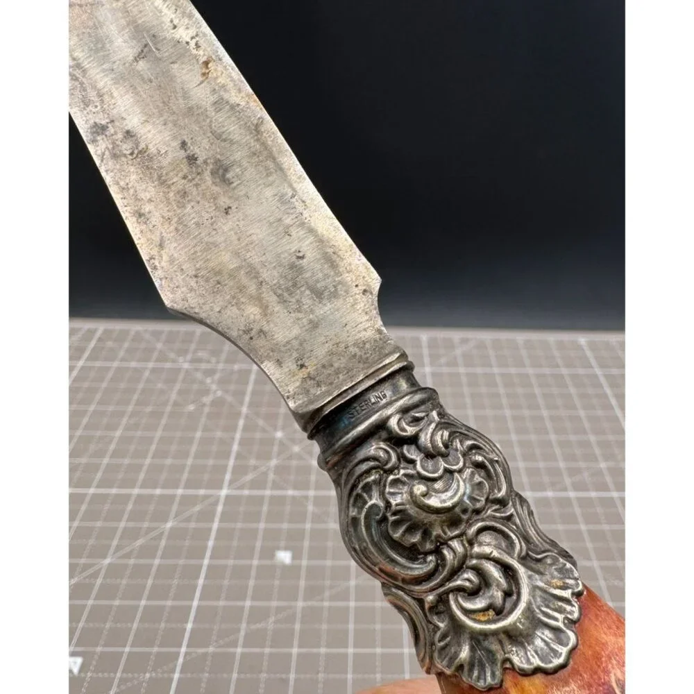 Antique Large Carving Knife Sterling Silver Ferrule Stag 9 1/2
